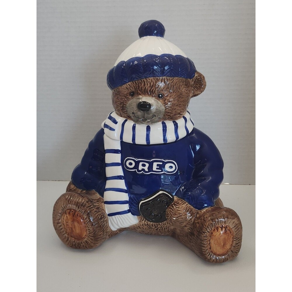 Oreo Teddy Bear Cookie Jar - 2001 Blue and White Sweater & Hat